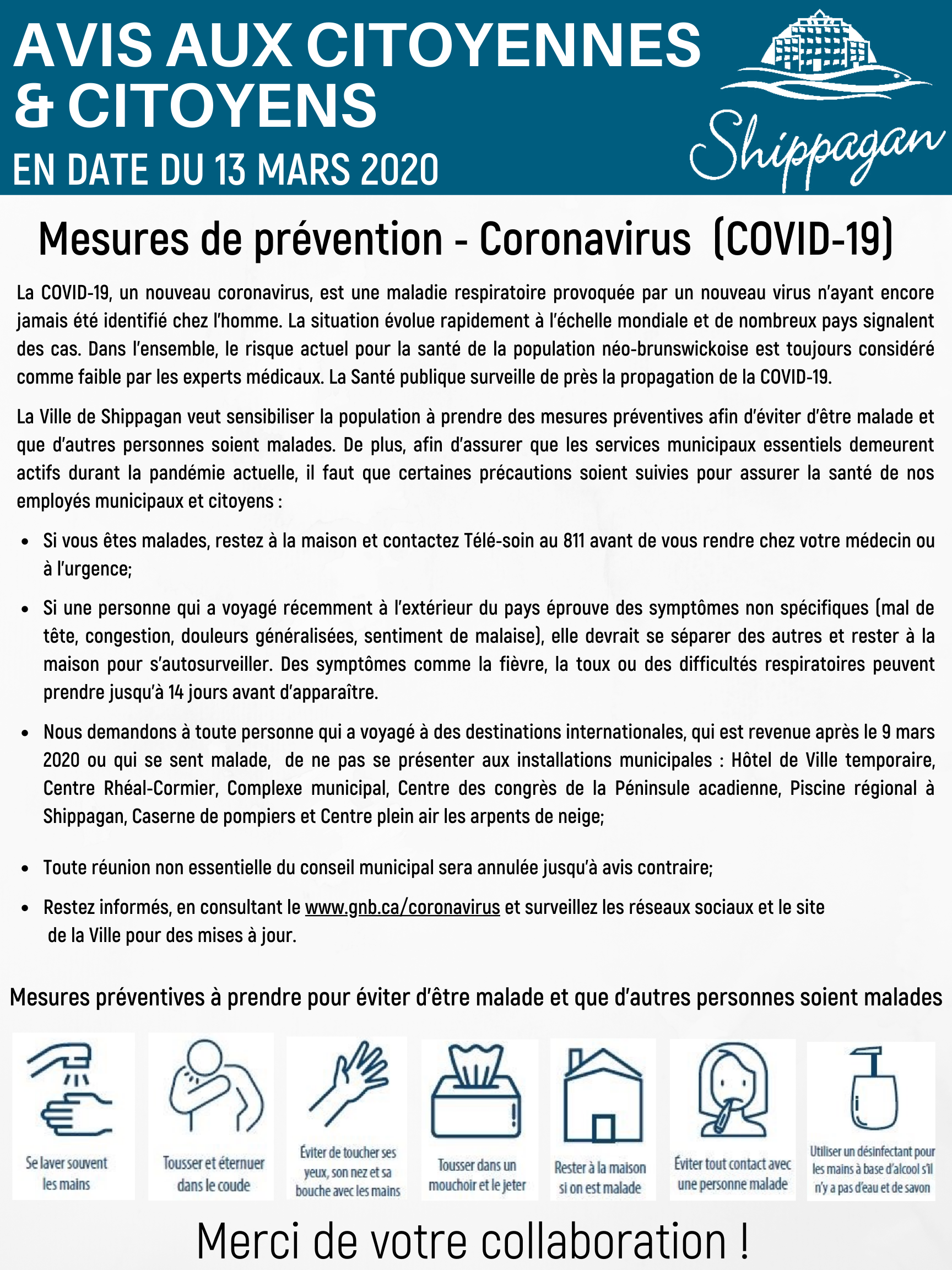 Mesures De Pr Vention Coronavirus Covid Municipalit De Shippagan